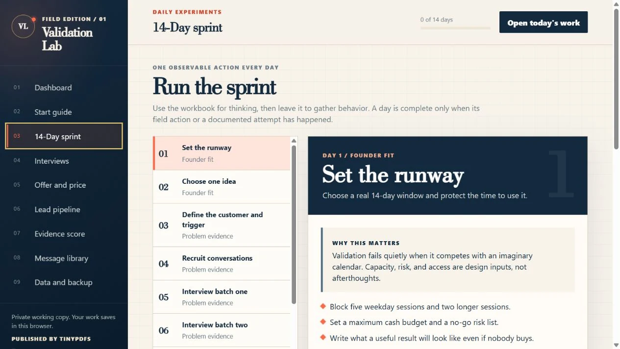 Validation Lab 14-day sprint interface